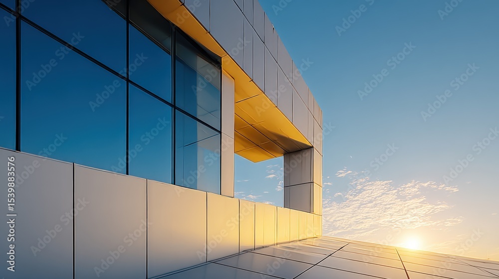 Poster modern architecture building with large glass and geometric design in city skyline at sunset