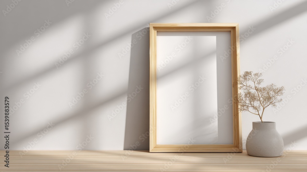 Poster minimalist empty picture frame with shadow effects and a potted plant on light wood surface