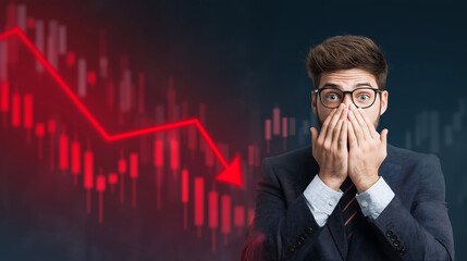 Shocked businessman covering mouth after financial failure, monitor displaying a decreasing red arrow graph, indicating financial loss and economic downturn on background
