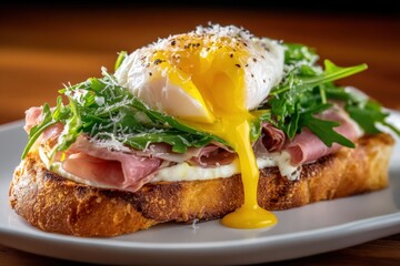 Delicious open-faced sandwich with poached egg, ham, greens, and cheese on toasted bread