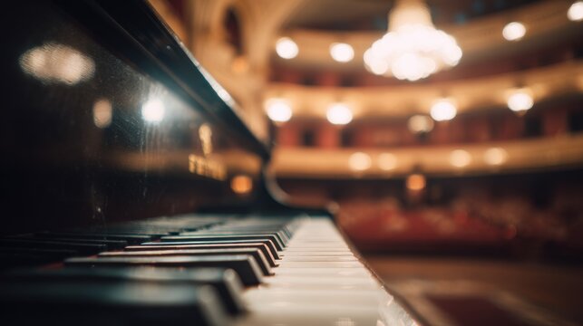 Close-up of piano keys in a concert hall with blurred background and warm lighting