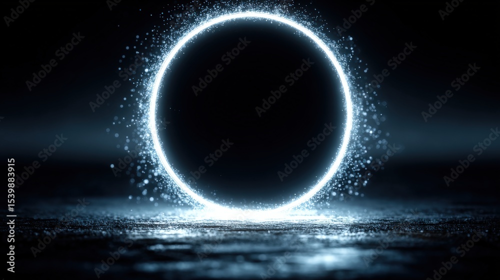 Poster brilliant glowing white circular portal with sparkles and light reflection on water surface
