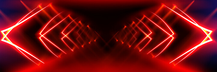 Futuristic red neon tunnel with glowing geometric lines - abstract corridor perspective with bright laser arrows creating infinite depth for cyberpunk bg, gaming or electronic music designs.