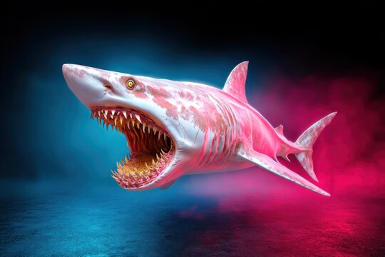 Pink and Blue Neon Shark Digital Art - Powered by Adobe