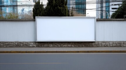 Obraz premium Large blank white billboard sign mounted on concrete wall along urban street scene