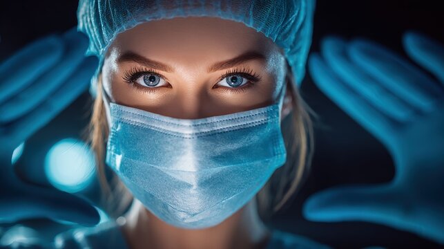 Close-up of female healthcare worker wea protective medical face mask and gloves