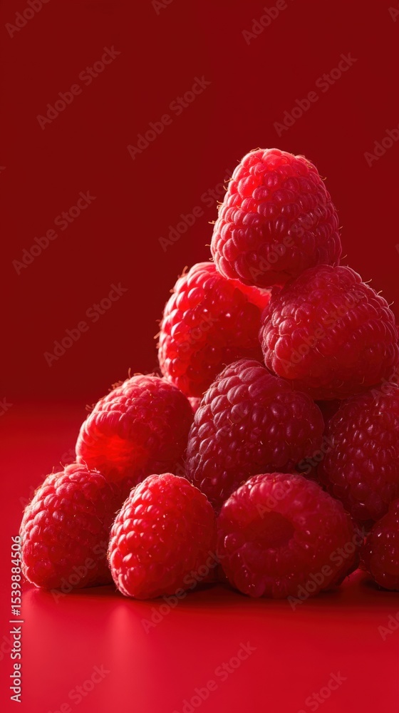 Poster close-up of fresh ripe raspberries stacked on bright red background with soft lighting