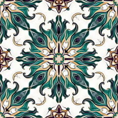 Fototapeta premium Teal and Gold Floral Pattern Tile Design