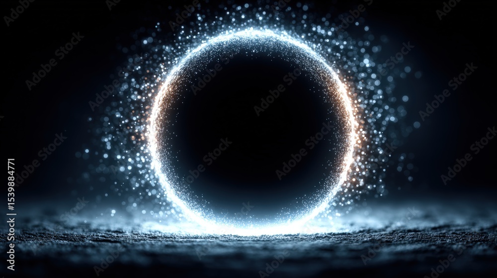 Aufkleber mysterious glowing circular eclipse surrounded by sparkling particles in dark environment