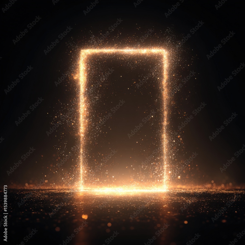 Poster Stunning glowing rectangular frame of bright golden sparks and light particles glowing in dark environment