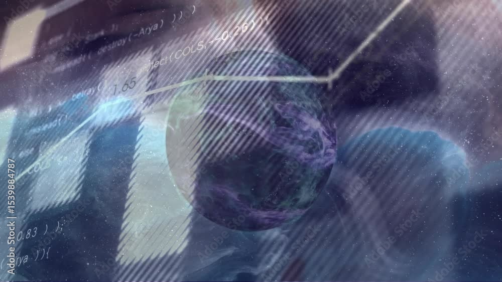 Poster rotating sphere initiating line graph tracing upward with sql code fading visualizing data trend