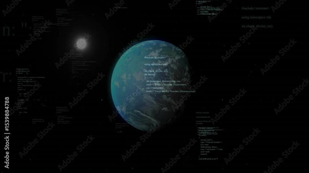 Poster earth appearing, rotating clockwise while c++ code drifting and covering globe, showing integration