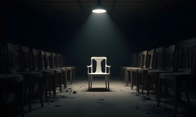 White chair under spotlight in broken dark warehouse, cinematic conceptual photo for leadership metaphor
