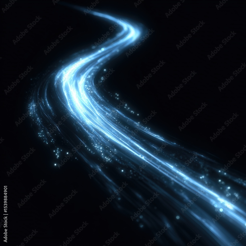 Poster Futuristic glowing light trail with sparkling particles creating a dynamic motion effect in a dark background
