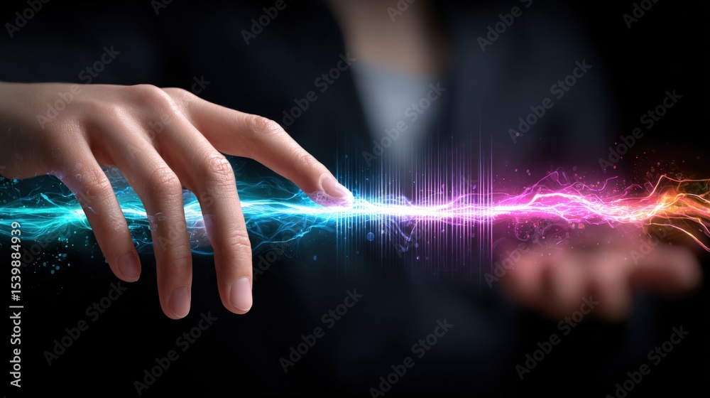 Poster hands touching electric light stream between fingers creating bright vibrant sparks