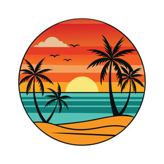 Tropical Sunset Beach Illustration with Palm Trees and Surfboard

