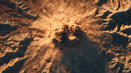 Volcano erupting with enormous cloud of smoke and ash covering mountains