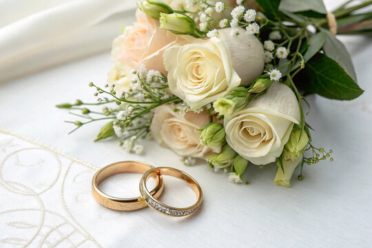 Romantic wedding rings and rose bouquet on a white textured background perfect for ceremony