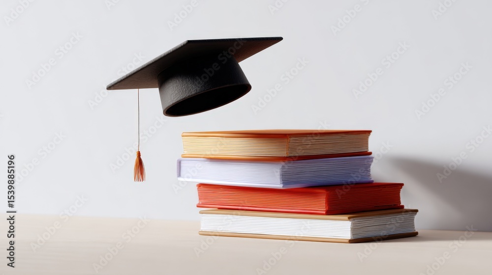 Aufkleber graduation cap floating above stack of colorful books on plain white background