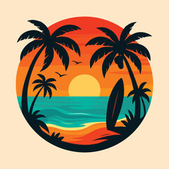 Obraz premium Tropical Sunset Beach Illustration with Palm Trees and Surfboard