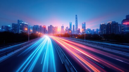 Fototapeta premium Futuristic Cityscape at Night with Light Trails on Highways and Skyscrapers