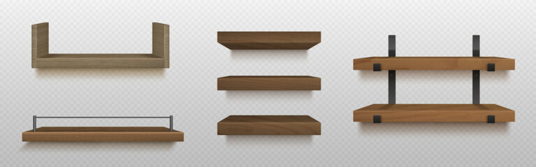 Wooden wall shelf collection - timber planks with metal brackets, brown storage boards for home decor. Modern furniture with mount, black supports, minimalist design elements in various styles.