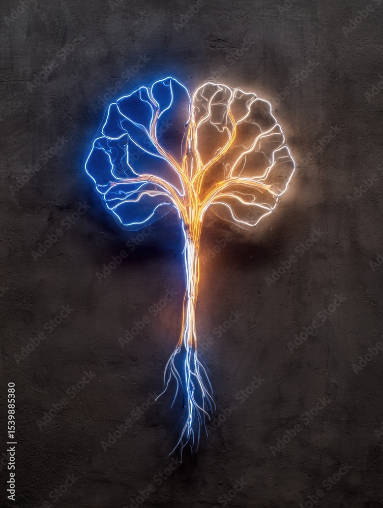 Poster neon brain nerve lights illuminating a dark textured surface in a modern artistic display