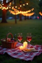 Evening Picnic with Wine, Candles, and String Lights in an Urban Park