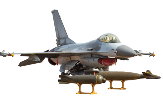 Fighter jet with missile standby ready for operation on white background.