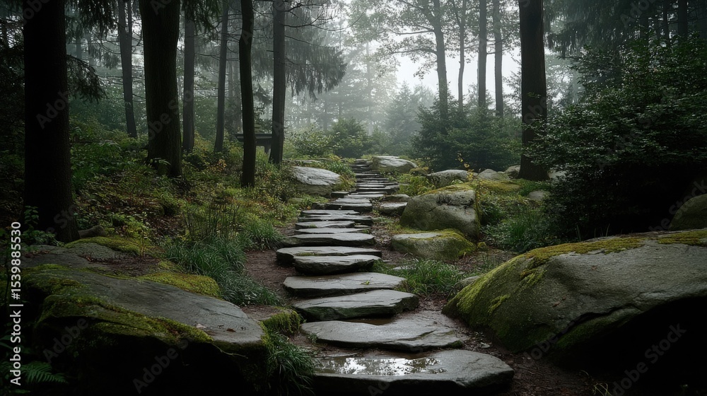 Poster serene forest path with stepping stones in misty atmosphere calm nature scene