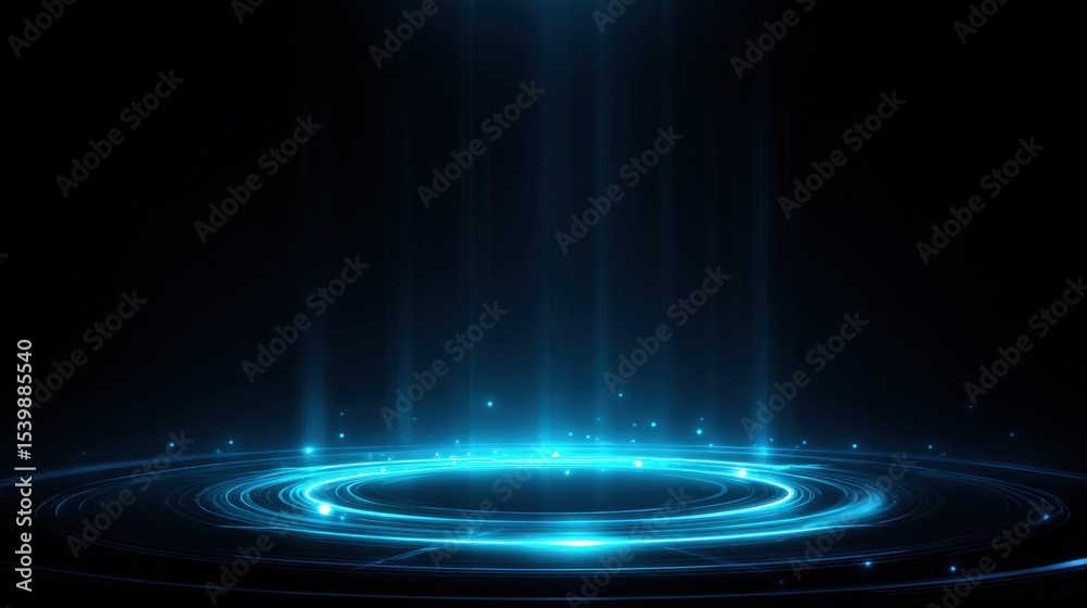 Poster futuristic glowing circle with holographic light beams and digital effects in dark setting