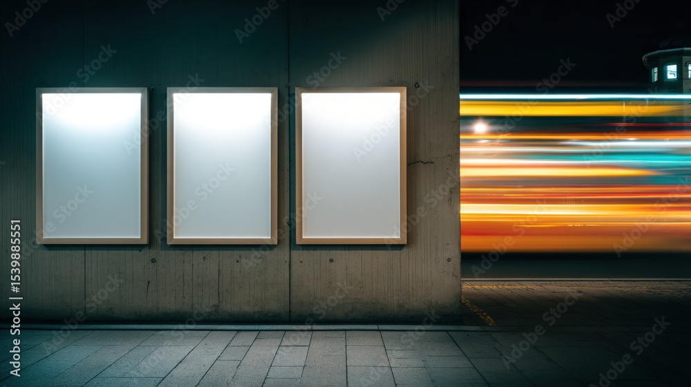Poster three blank illuminated billboard frames on concrete wall with moving bus in background at night