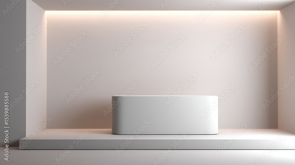 Poster minimalist modern display pedestal with soft ambient lighting in neutral tones