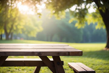 Rustic wooden picnic table in a sunny park with blurred lush green background