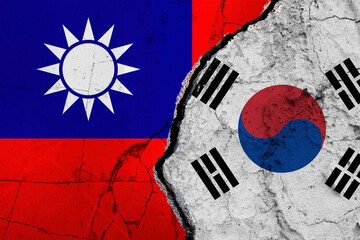 Torn Flags of South Korea and Chinese Taipei Depicting Political and Cultural Tension. Split Design...
