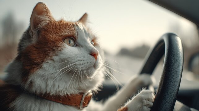 Close-up of a fluffy orange and white cat with green eyes sitting in a car driver seat and looking out window du daytime travel
