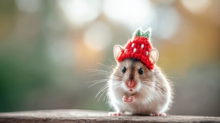 Fototapeta premium Adorable hamster wea a cute strawberry hat sitting on a wooden surface outdoors