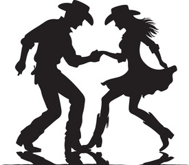 Silhouette of a cowboy dance. Cowboy man and girl dancer silhouette, illustration in black color.