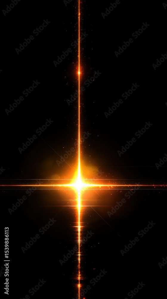 Poster bright vertical beam of light with radiant glow and sparkling effects in dark space scene