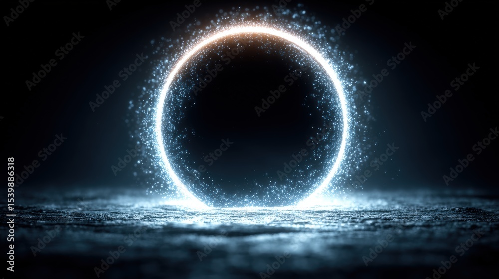 Poster enchanting glowing circle of bright light surrounded by shimme particles in darkness