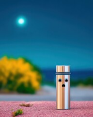 Silver Thermos with Cartoon Face at Night Under the Moon