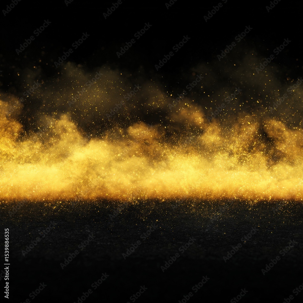 Poster Vibrant golden dust explosion on a dark background with particles in motion and sparkle effect