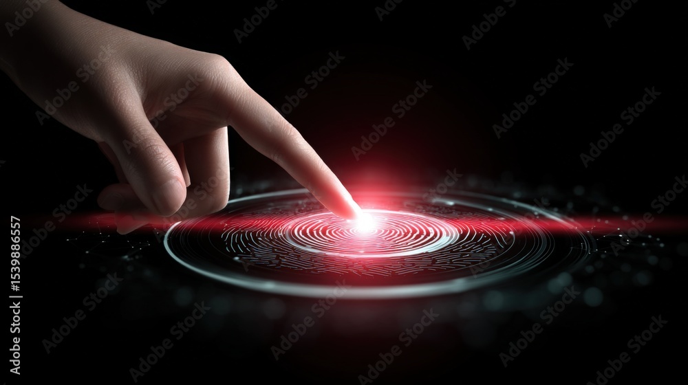 Poster futuristic human finger touching a glowing red digital interface with concentric circles
