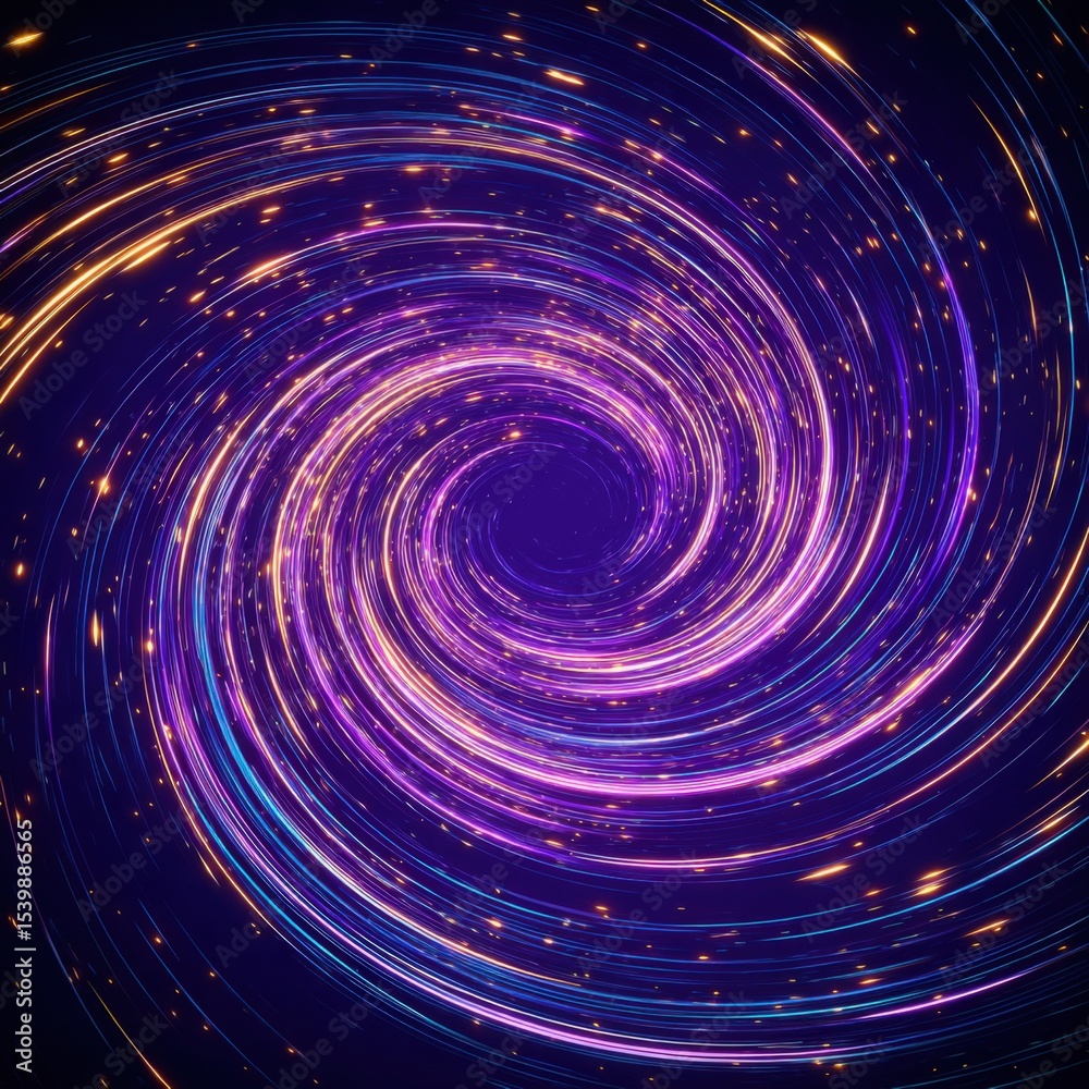 Poster dynamic glowing spiral galaxy swirl with vibrant light trails and cosmic sparkles