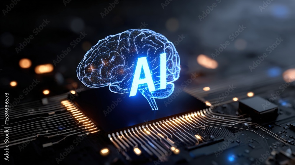 Poster futuristic digital ai brain hologram glowing over electronic circuit board in dark environment
