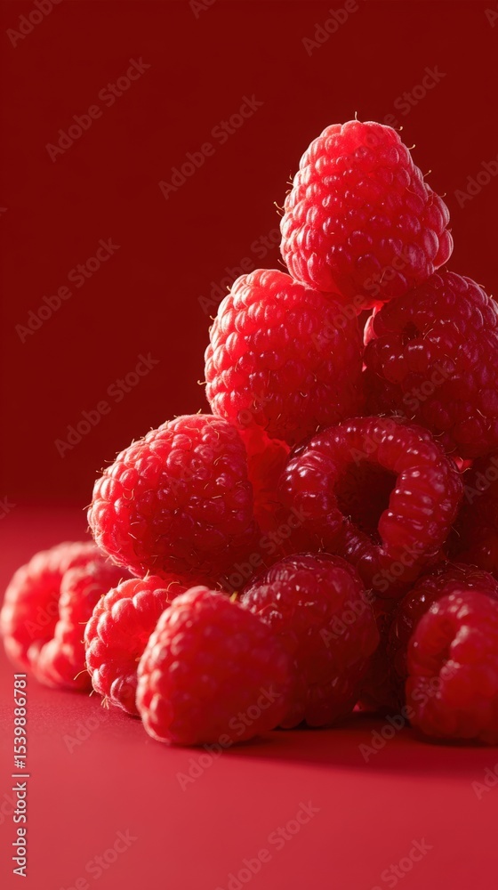 Poster close-up of fresh ripe red raspberries stacked on a pink surface with a vivid red background