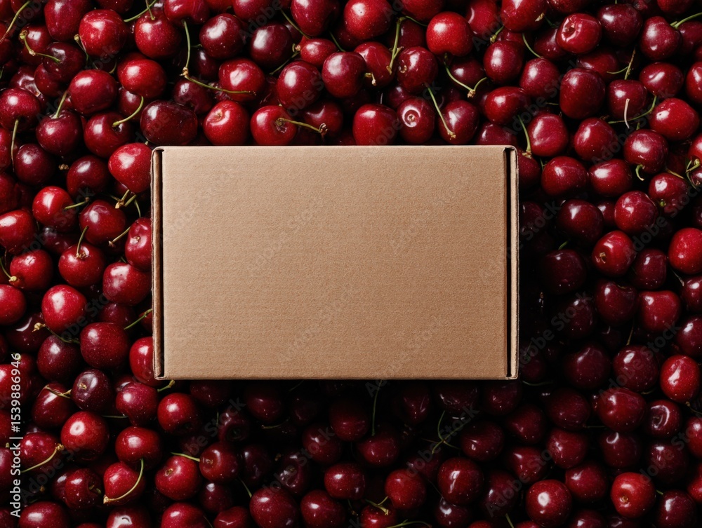 Poster cardboard box resting on a bed of ripe red cherries with a textured background