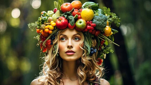 Wreath on a woman's head with vegetables and fruits. Selective focus. Food.