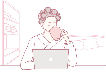 A serene and relaxed morning scene with a person leisurely sipping coffee while actively working on a laptop