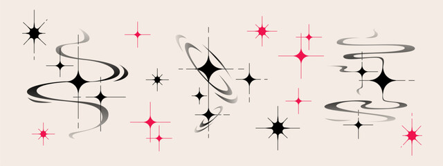 Y2k aesthetic star shapes set with sparkles and swirls in black gradient and pink colors - retro elements for tattoo design. Nostalgic 2000s cosmic symbols with orbital rings and starburst patterns.
